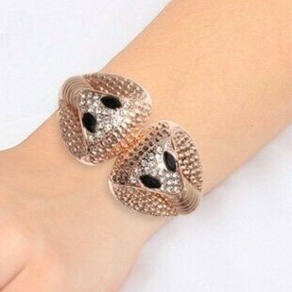 Black Resin, White Austrian Crystal Creature Bangle Bracelet in Rosetone… - Picture 2 of 4